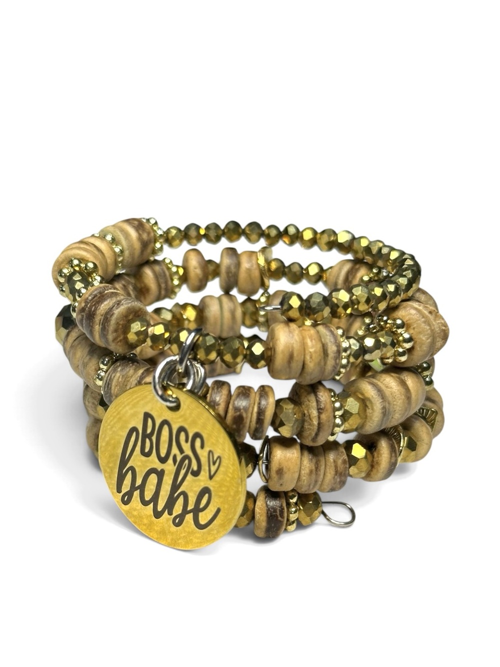 Handcrafted Wood & Gold Memory Wire Wrap Bracelet Boss Babe Charm - Picture 3 of 8